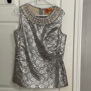 Tory Burch Silver Geometric Embellished Blouse
